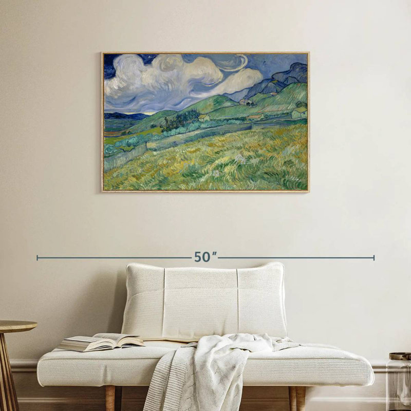 Champ de blé et montagnes 1889, Cadre flottant en bois naturel, 37 po x 25 po
