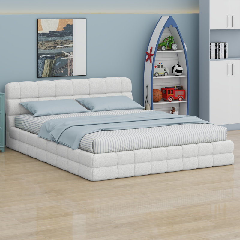 Lit plateforme en tissu d'ameublement, blanc
