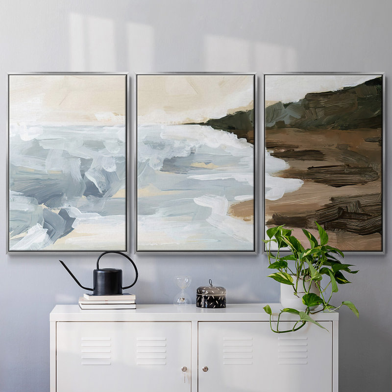 "Cove Break II", peinture sur toile 3 pièces, Encadrement argenté, H 24 po x l 48 po