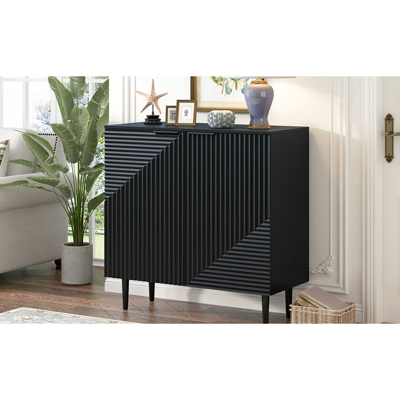 Armoire de table d'appoint moderne de couleur noire, tablettes réglables et rangement spacieux et élégant, tablettes, décoration de porte géométrique