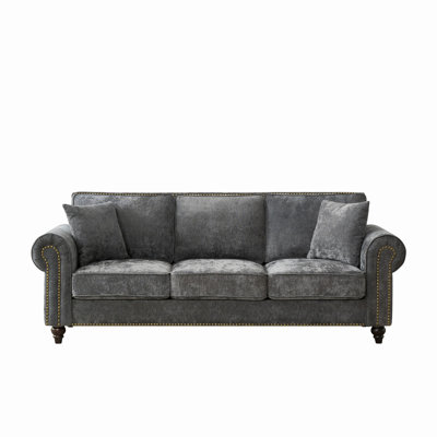86" Modern 3-Seater Sofa with Rolled Arms,Chenille Upholstered Couch with Wood Legs and Nailhead Trim for Living Room, Apartment