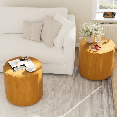 Ensemble de tables d'appoint pour l'extérieur 19,29 po H, ensemble de tabourets de jardin modernes en grain de bois, robuste en oxyde de magnésium imperméable, table sans assemblage pour patio, jardin, cour, salon, couleur de bois, ensemble de 2