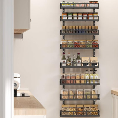Support à épices réglable à 8 niveaux - Organisateur mural peu encombrant avec paniers mixtes, support à assaisonnement de grande capacité pour la cuisine et le garde-manger (noir)