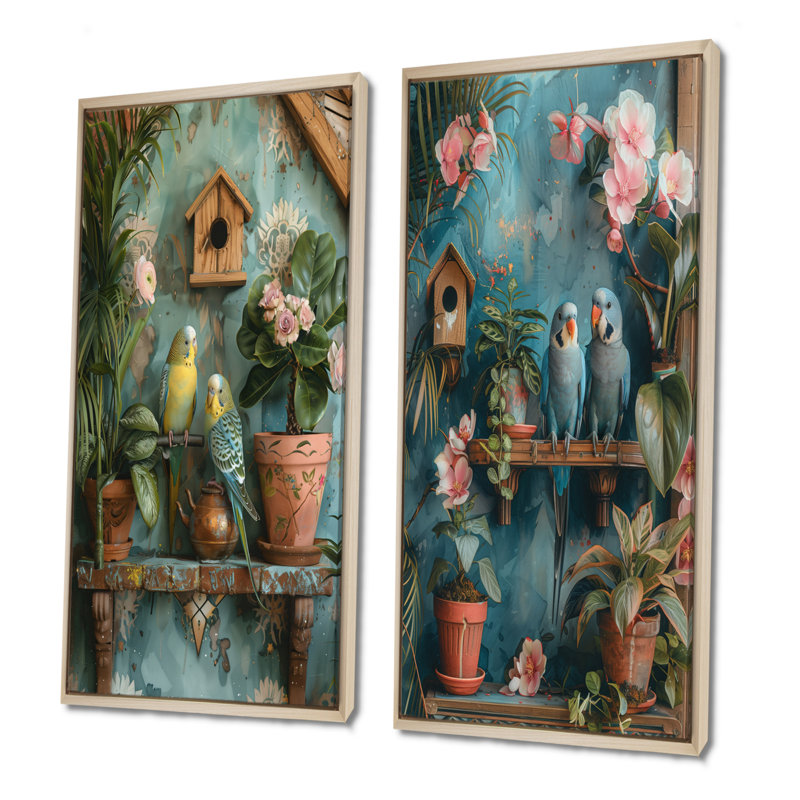 «Parakeets In A Flower Garden I» - ensemble d'art mural 2 pièces, Cadre flottant érable, H 28 po x l 24 po