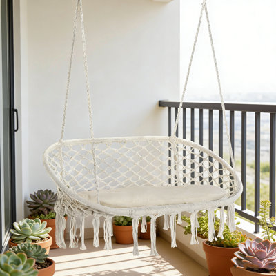 2-Person Macrame Hammock Swing Chair with Cushion for Indoor and Outdoor Relaxation