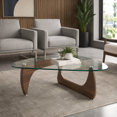  Table basse sculptée avec plateau en verre trempé