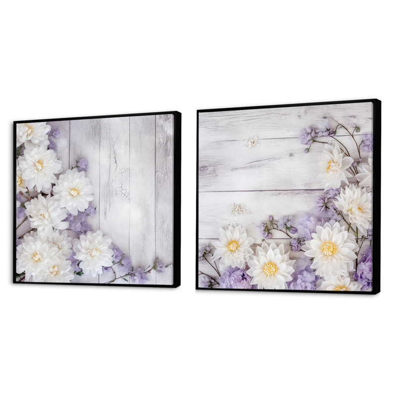 Ensemble de 2 fleurs de magnolia blanches et mauves - collage carré floral, Cadre flottant noir, H 16 po x l 33 po