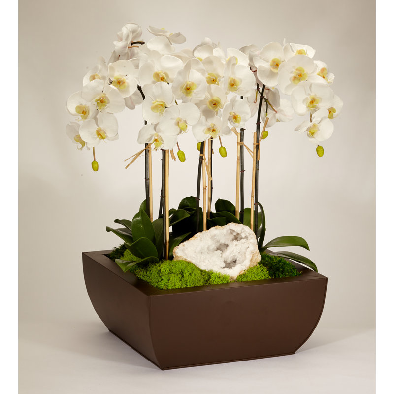 Orchid and Geode Centerpiece in Metal Planter, White