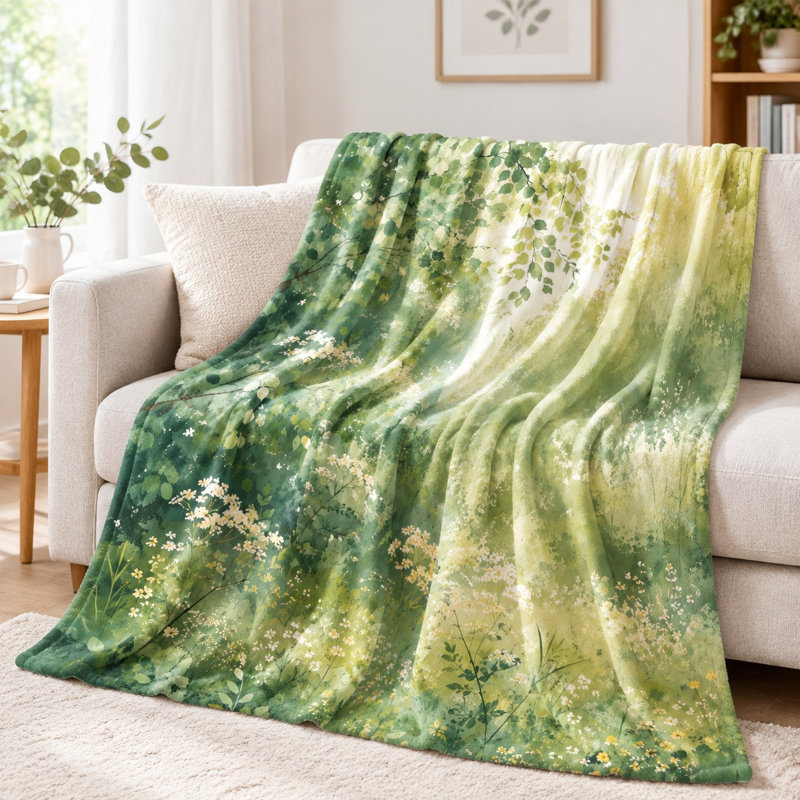 Plaid fleuri aquarelle - Motif luxuriant de verdure et de fleurs sauvages, design artistique, léger, respirant, toutes saisons, doux pour la peau, lavable en machine, décoratif, pour canapé, fauteuil, salon et chambre
