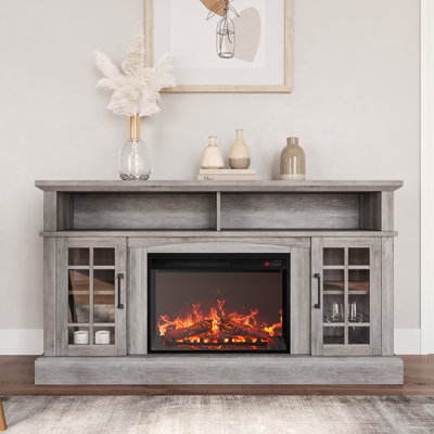  Kehaulani Traditional 58" Rustic TV Stand with 23" Electric Fireplace Heater with Sound, Media Entertainment Center Console Table for TV up to 65"