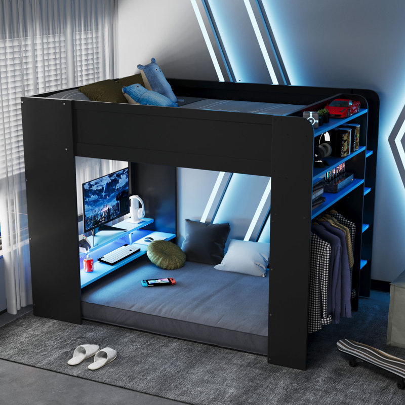 Full Size Loft Bed With Lighted Adjustable Desk, Open Wardrobe, And Bookcase, Black/Blue