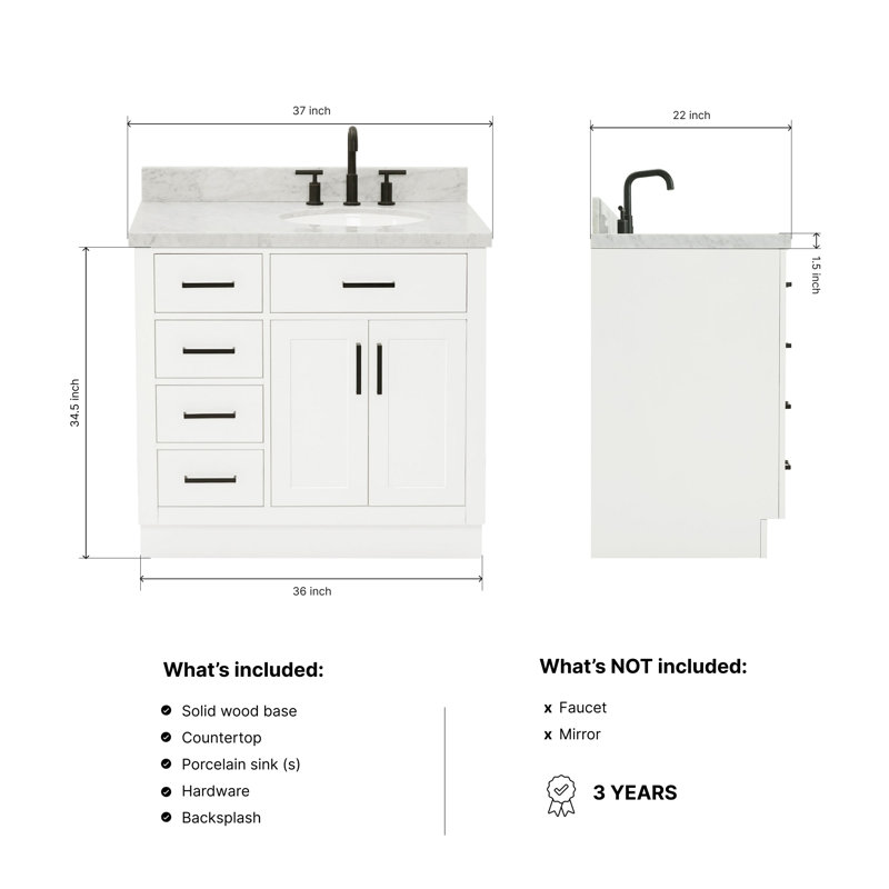 ARIEL HEPBURN 37 IN RIGHT OFFSET RECTANGULAR SINK VANITY 1,5 IN, White, Oval, Right