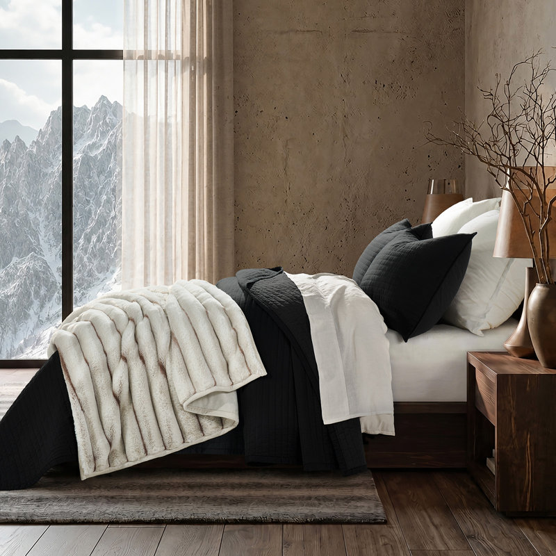 Luxury Channel Faux Fur Throw Blanket, Cream White & Beige