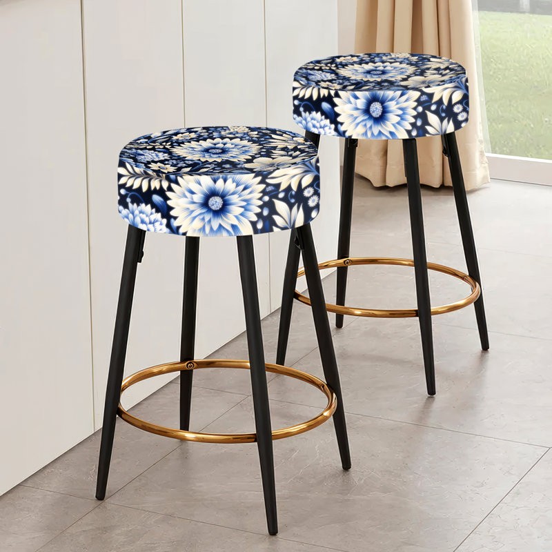 Ensemble de 2 tabourets de bar bleus et blancs damassés Dahlia