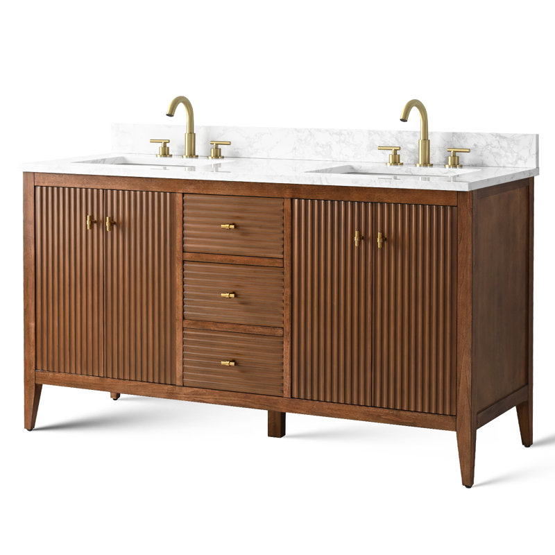 Ensemble de meuble-lavabo double 60 po, Doré brossé, Noyer linéaire