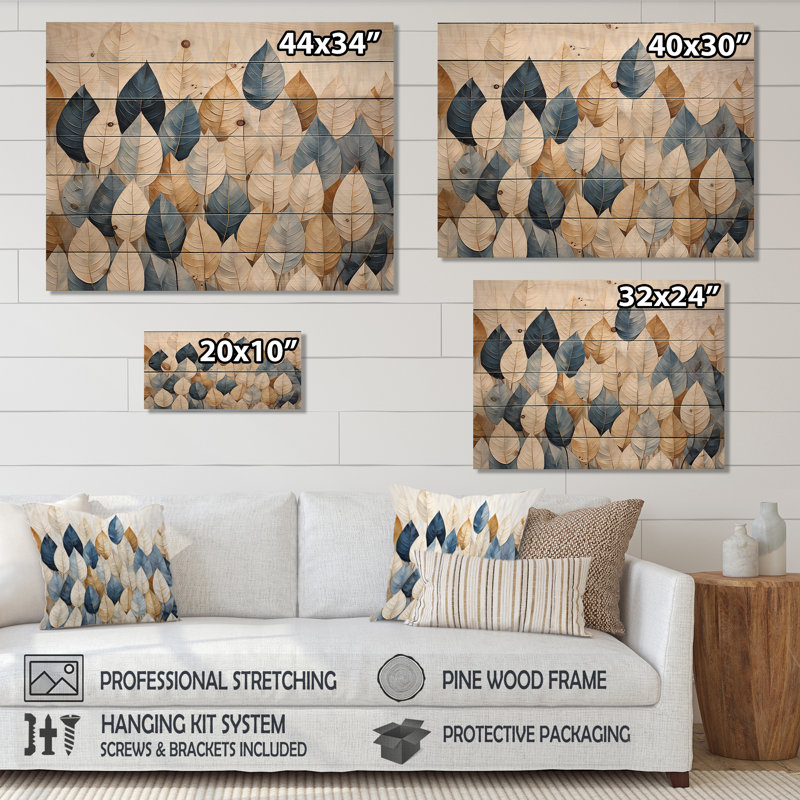 Beige And Blue Minimalism Leaves Collage I - Leaves Wood Wall Art On Natural Pine Wood, 24" H x 32" W