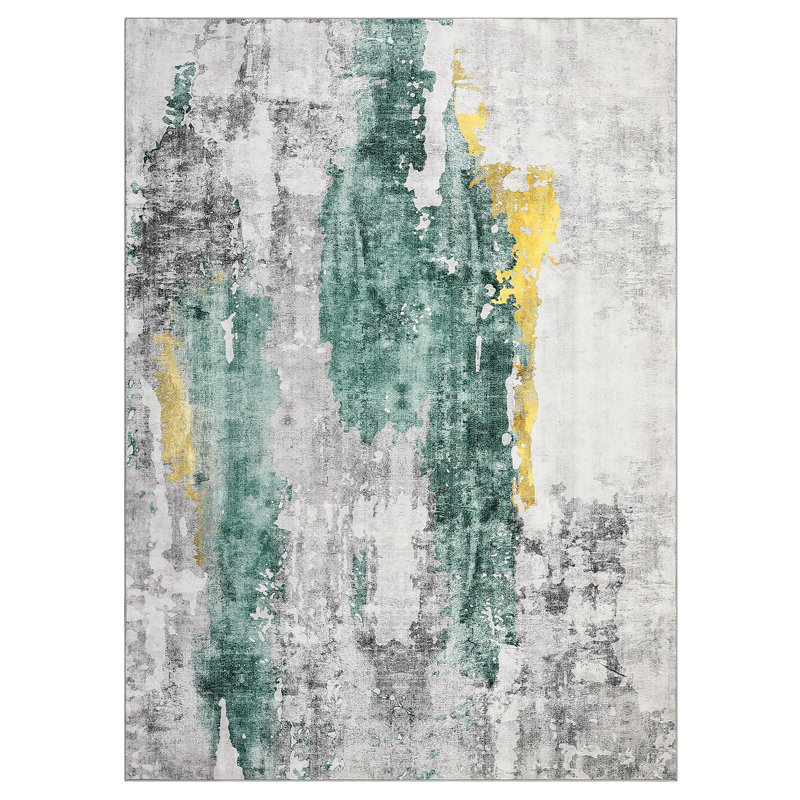 Modern Abstract Area Rug – Soft Low Pile, Machine Washable, Non-Slip, Non-Shedding, Mark Resistant – Yellow-Green Hue, 9x12ft