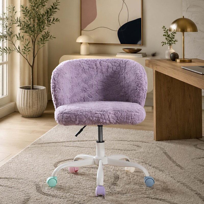 Fauteuil de bureau, fauteuil de bureau en poils de lapin artificiel avec base en métal, fauteuil de bureau pivotant réglable, fauteuil de coiffeuse (violet)