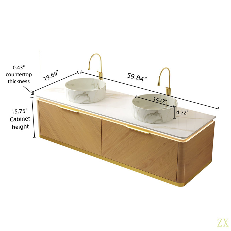 Meuble-lavabo de salle de bain de 60 po DIPA, armoire de rangement flottante en contreplaqué avec tiroir, capteur de lumière, 2 vasques en céramique à motif de pierre et plateau en pierre frittée, pré-assemblé