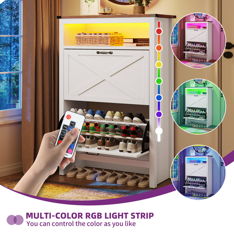 Versus Wood Tilt Out Open 24 Pair Shoe Storage Cabinet with Colourful LED Light, White