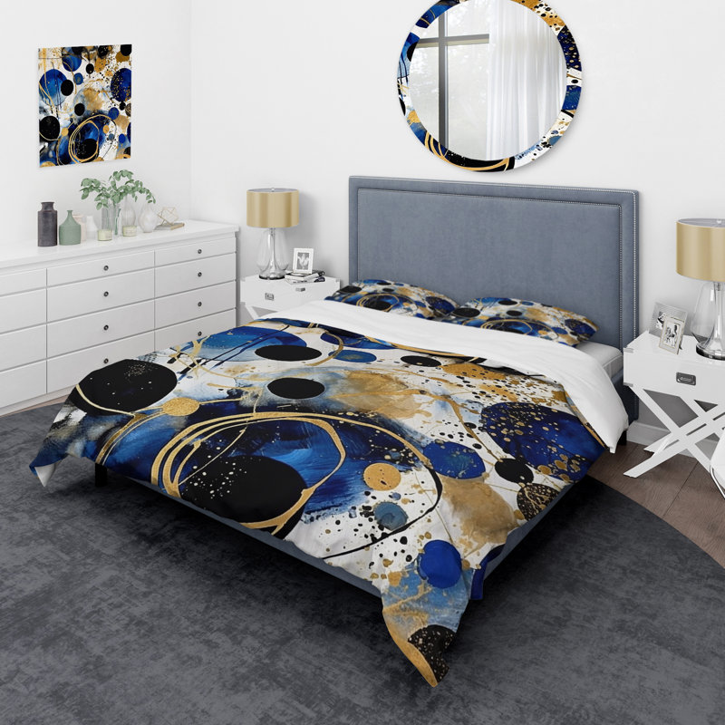 Ensemble de housse de couette à motif abstrait avec textures bleues et dorées XVIIIe en microfibre / polyester