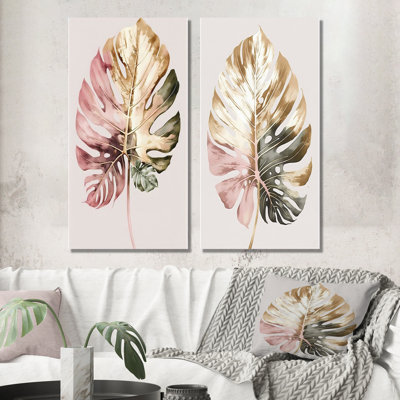 Feuille de philodendron doré et blanc - ensemble de 2 décorations murales - art floral imprimé pour la décoration intérieure