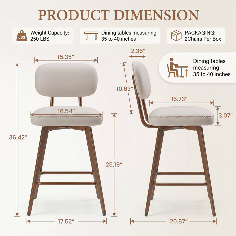 Tabourets de bar Nidovia 63,5 cm (25 po) de hauteur comptoir, pivotants à 360°, dossier bas, revêtement en similicuir, assise rembourrée, pieds en métal et repose-pieds.