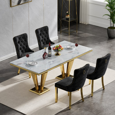 Rectangle Dining Table Set, Faux Marble Dining Table & Velvet Chairs with Stainless Steel Pedestal, 68" Dining Room Table and Chairs Set, Luxury Dining Table Set