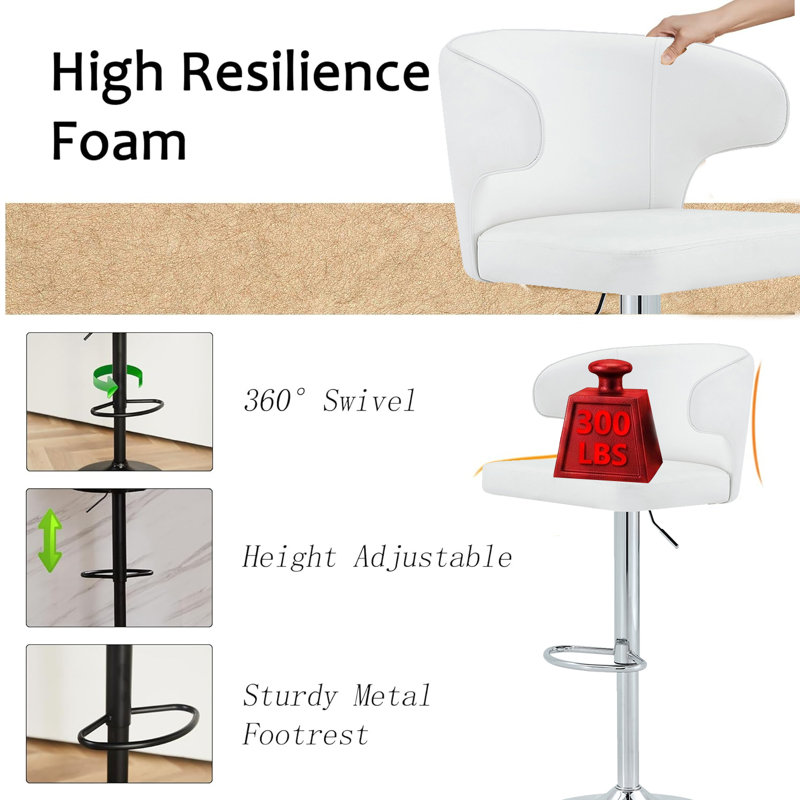 Ensemble de 2 tabourets de bar rotatifs modernes réglables avec dossier - Chaises pivotantes en cuir de polyuréthane pour comptoir de bar de cuisine et salle à manger, hauteur réglable, base chromée robuste, supporte 300 lb chacune - Blanc