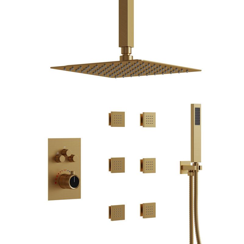 Système de douche thermostatique de plafond, robinet de douche à haute pression avec douche à main, Or brossé
