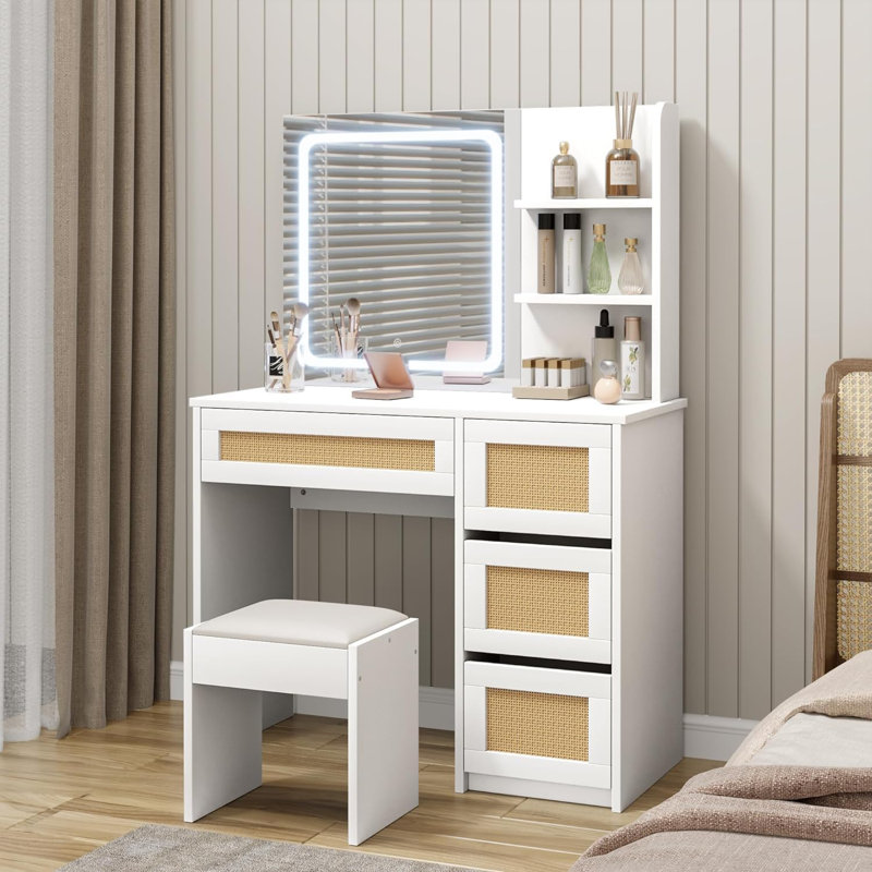 Rattan Vanity Desk, Makeup Vanity Table With Adjustable LED Light And Mirror, Large Storage Space With 4 Drawers And 2 Tiers Of Open Shelves For Bedroom In White