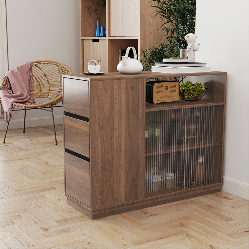 Organisateur de table et buffet pour la cuisine, 2 portes coulissantes en verre, 3 tiroirs latéraux, une tablette de présentation, un bureau de cuisine d'une hauteur de 39,12 po et d'une hauteur de 31,67 po, équipé de portes à hauteur moderne, 12,82 po