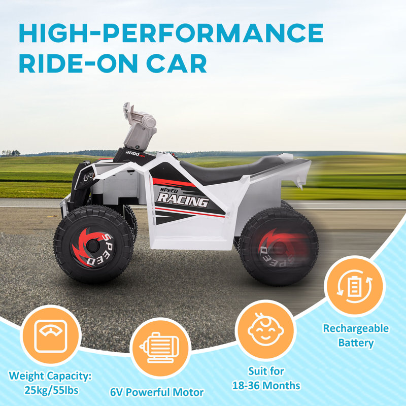 White 6V Kids ATV Quad Car with Wear-Resistant Wheels