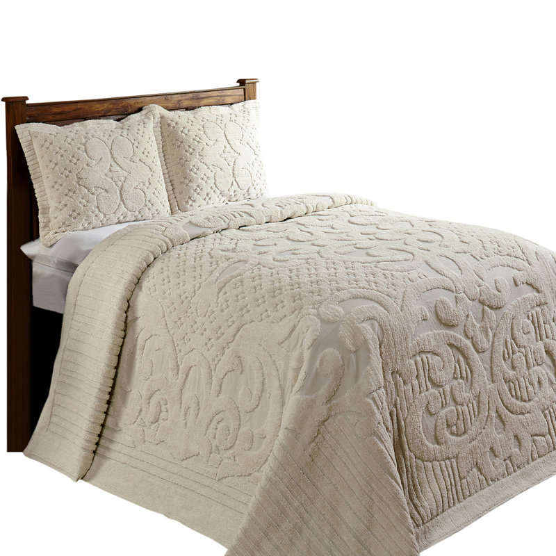 Ashton Collection 100% Cotton Chenille Queen Bedspread Set, Traditional Tufted Medallion Bedding with Matching Shams, OEKO-TEX Certified, Soft, Breathable, Machine Washable, All-Season, Ivory