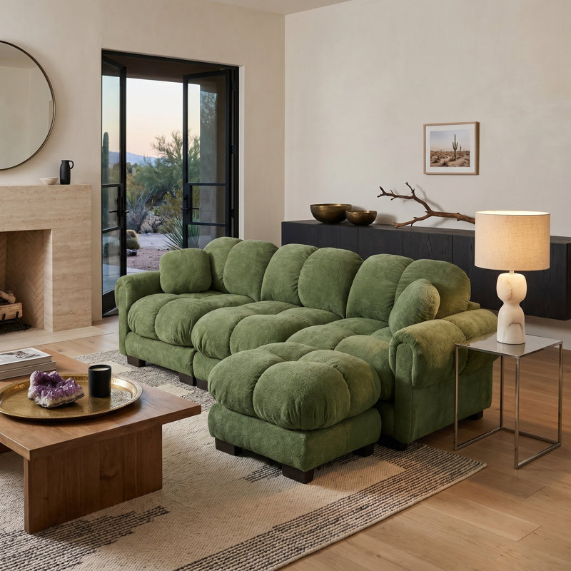 Canapé modulaire en L en chenille matelassé avec repose-pieds 104 po Fairmont, Moss Green
