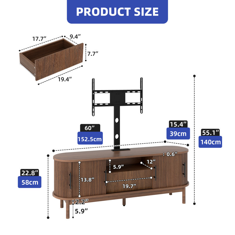 60" Stylish Oval-Curve design TV Stand, TV Console, Media Console with Metal TV Mount and LED Strip, Brown Wood