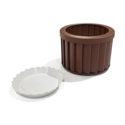 Jardinière ronde MD en brun foncé, fabrication légère en aluminium avec drainage prédécoupé pour l'évacuation de l'eau, thermolaquage moderne de couleur bois, conservation du plateau interne, profondeur de 8,23 pouces, largeur, hauteur de 6,08 po,