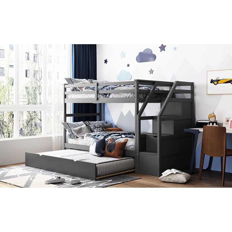 Lit superposé Twintwin avec lit gigogne et 3 options de rangement bien pensées, escalier gris bien agencé, Gris