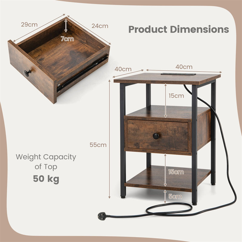 40cm W Metal Bedside Table