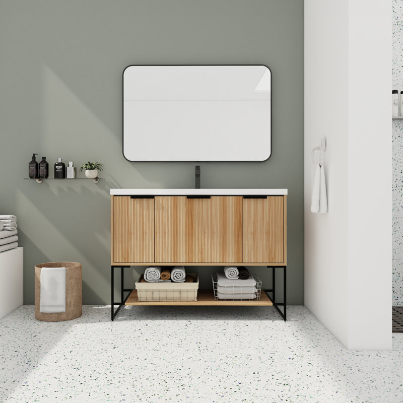 Meuble-lavabo simple 47,6 po avec plateau en résine Lusilla, Noir mat, Érable