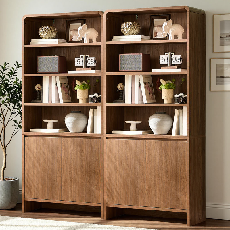 Bibliothèque 2 pièces H 71 po x l 32 po à 2 niveaux avec 2 portes, tablettes réglables et bords arrondis, grain de bois brun