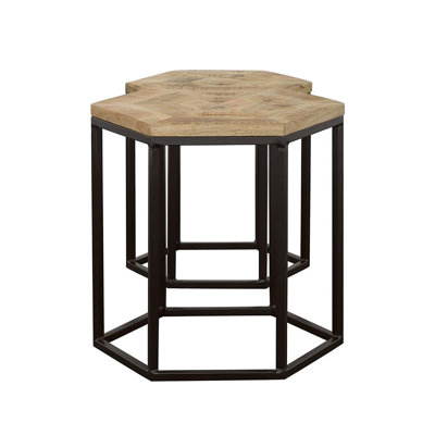 Contemporary 2 Nesting Tables With Hexagonal Wood Surfaces And Black Metal Bases For Home Decoration Modern Mango Hexagon Coffee