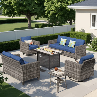 Ensemble de mobilier de patio pour 7 personnes avec chaises berçantes pivotantes, ensemble de conversation en rotin avec coussins pour l'extérieur, ensemble de conversation toutes saisons avec foyer pour jardin