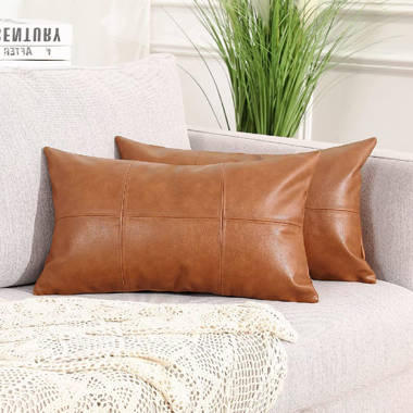 16X36 Chestnut Brown Pieced Leather Lumbar Throw Pillow