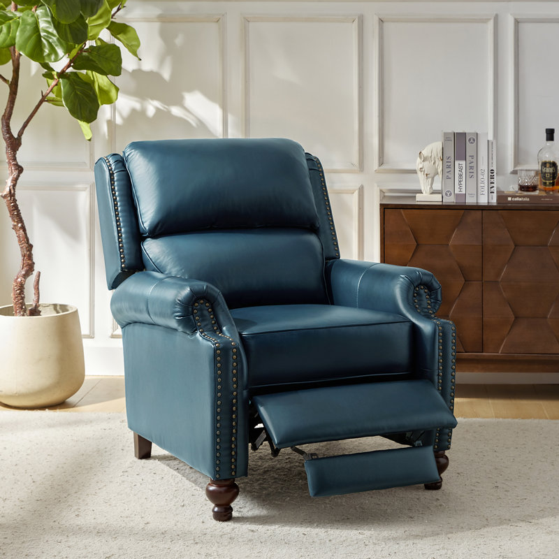 Adeesa Genuine Leather Manual Recliner, Turquoise Genuine Leather