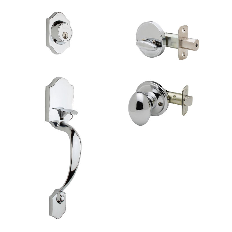 Jeu poignées en cuivre creek avec verrou et bouton de porte à cylindre simple et rosette Heritage, Acier inoxydable poli