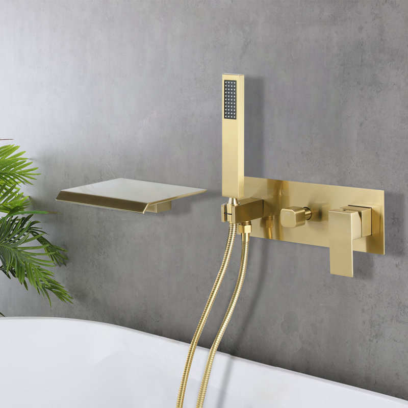 1 Tub Filler with Hand Shower and Diverter Tub Faucet, Brushed Gold