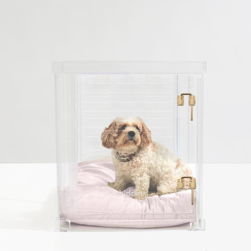 Medium Clear View Pet Crate with Silver Latch, Khaki Cushion, Gold, Large, Blush