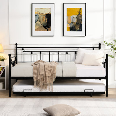 Lit de jour avec couchette en noir - Moderne et pratique, construction en métal pour la longévité, conception peu encombrante, calme serein, assemblage facile inclus, aucun sommier requis, supporte une couleur de 250/350 lb