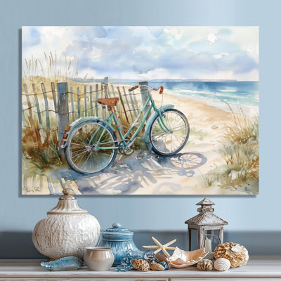 Vélo bleu sur le sentier de la plage I - art mural côtier
